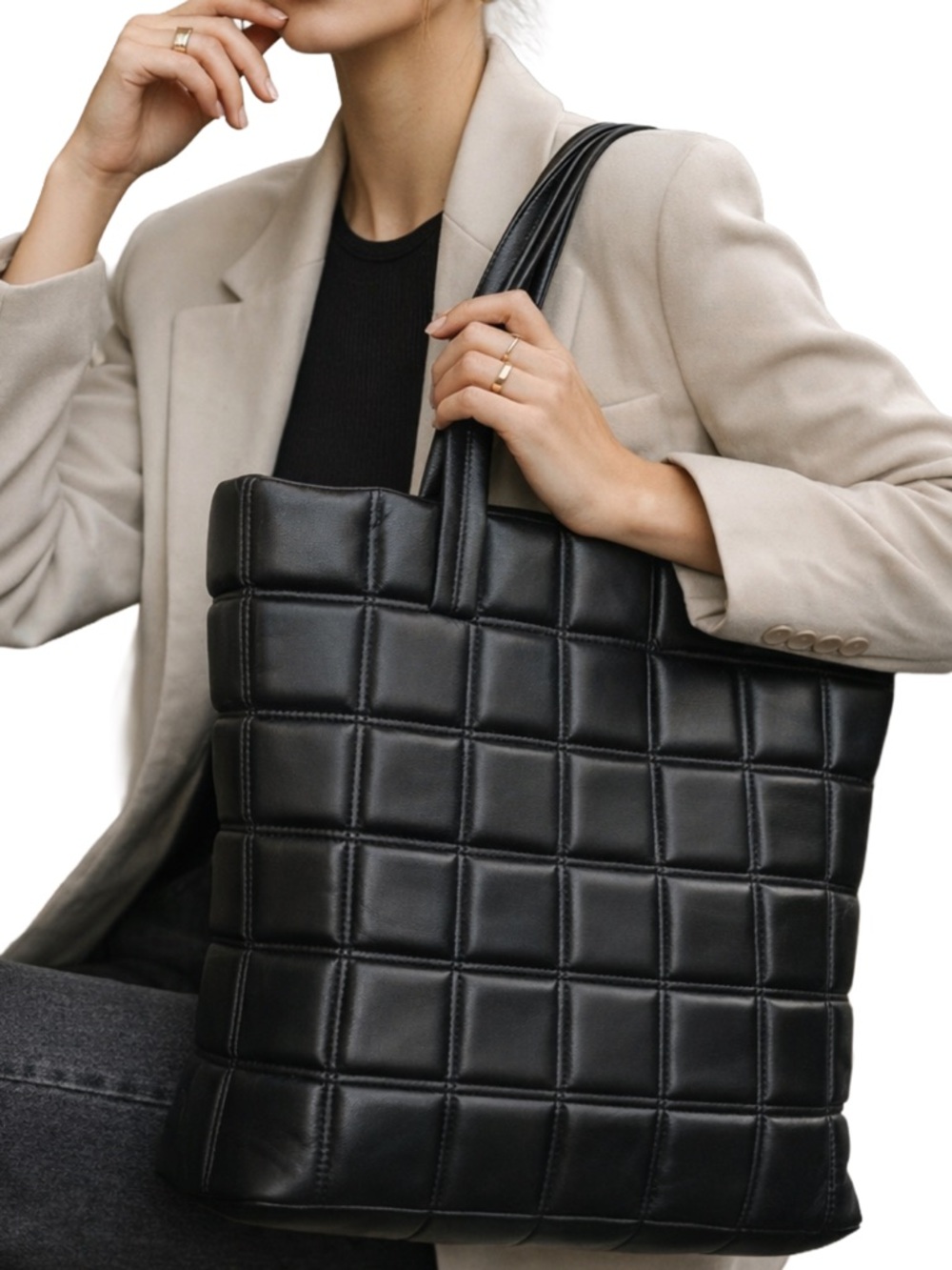 Topshop Riley Quilted Black Tote Bag – Puffer Bottega Style Large Work Bag - Picture 3 of 9